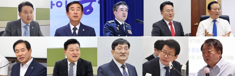 [청주=뉴시스] 충북지사 선거 출마 후보군. (윗줄 왼쪽부터) 김영환 충북지사, 조길형 충주시장, 윤희근 전 경찰청장, 서승우 국민의힘 청주상당 당협위원장, 박경국 한국가스안전공사 사장. (아랫줄 왼쪽부터) 송기섭 진천군수, 신용한 지방시대위원회 부위원장, 노영민 전 대통령 비서실장, 임호선 국회의원, 한범덕 전 청주시장. (사진=뉴시스 DB). *재판매 및 DB 금지