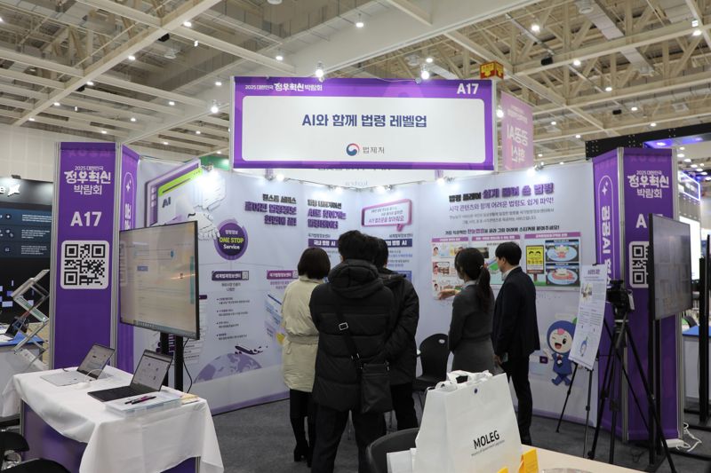 법제처는 2026년 예산이 올해 본예산 대비 32.5%(148억원) 증가한 605억원으로 최종 확정됐다고 4일 밝혔다. 사진은 지난 3일 청주 오스코(OSCO)에서 개막한 2025 대한민국 정부혁신박람회에서 법제처의 'AI와 함께 법령 레벨업' 부스 모습. 법제처 제공