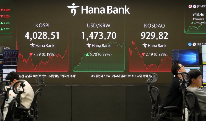 4일 오후 서울 중구 하나은행 딜링룸 전광판에 지수가 표시 되고 있다. /사진=뉴시스