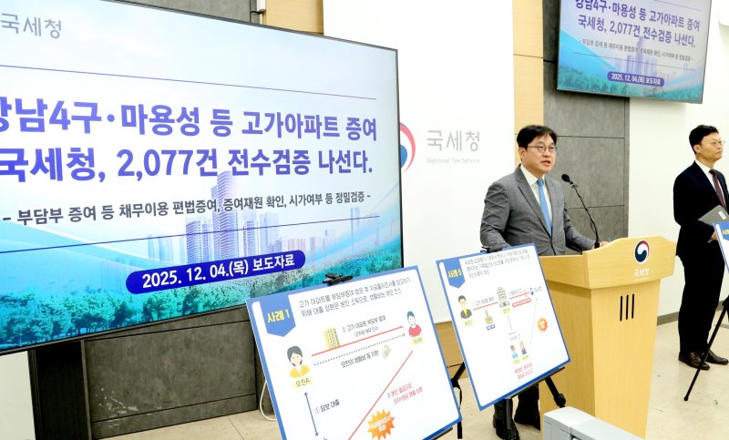 [서울=뉴시스] 오상훈 국세청 자산과세국장이 4일 세종시 정부세종청사 국세청에서 강남4구·마용성 등 고가 아파트 증여 2077건 전수 검증에 대한 브리핑을 하고 있다. (사진=국세청 제공) 2025.12.04. photo@newsis.com *재판매 및 DB 금지
