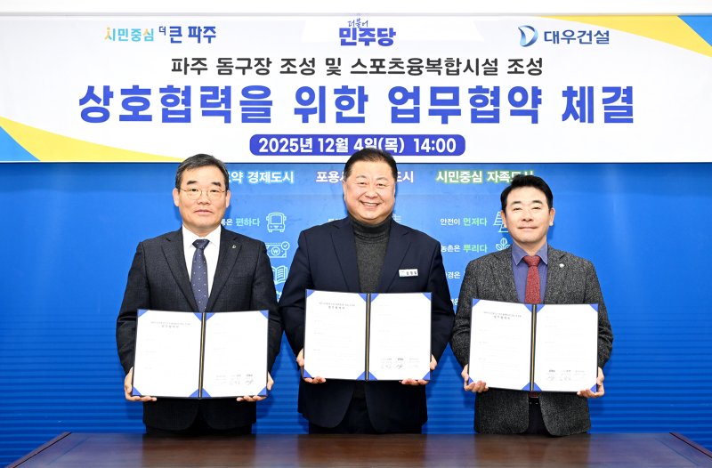 4일 열린 ‘파주 돔구장 및 스포츠 융복합시설 조성’을 위한 상호협력 업무협약식. 왼쪽부터 김보현 대우건설 대표이사, 김경일 파주시장, 박정 국회의원. (파주시 제공, 재판매 및 DB금지)