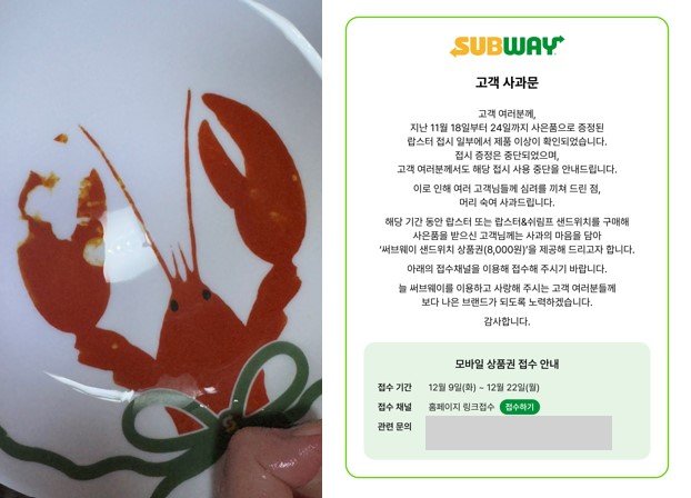 [뉴시스] 써브웨이는 4일 공식 홈페이지에 "사은품으로 증정된 랍스터 접시 일부에서 제품 이상이 확인됐다"며 고객 사과문을 올렸다. (사진= X, 써브웨이 홈페이지 캡처) *재판매 및 DB 금지