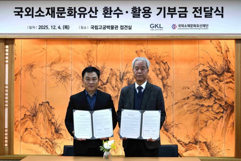 김현기 그랜드코리아레저 경영본부장과 곽창용 국외소재문화유산재단 사무총장(왼쪽부터)이 업무협약식 후 기념촬영을 하고 있다. GKL 제공