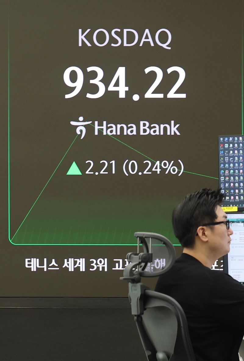 "천스닥 가자" 4일 코스닥지수가 장중 937.88까지 오르면서 사상 처음으로 시가총액 500조원을 돌파했다. 이날 서울 중구 하나은행 딜링룸 현황판에 코스닥지수가 표시되고 있다. 연합뉴스