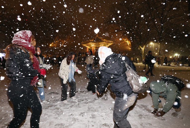 [서울=뉴시스] 최진석 기자 = 서울·인천·경기·강원 대설주의보 발효된 4일 서울 남산에서 외국인들이 눈싸움을 하고 있다. 2025.12.04. myjs@newsis.com