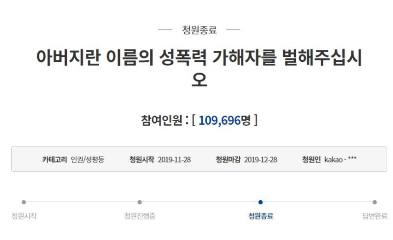 [서울=뉴시스]2019년 청와대 국민청원 게시판에 올라온 '아버지란 이름의 성폭력 가해자를 벌해 주십시오' 게시글 중 일부.(사진=청와대 국민청원 캡쳐). 2020.11.10.photo@newsis.com