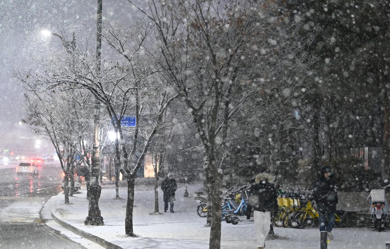 [수원=뉴시스] 김종택 기자 = 수도권 지역에 올해 첫 대설주의보가 발효된 4일 경기 수원시 영통구 망포동 거리에 눈이 내리고 있다. 2025.12.04. jtk@newsis.com