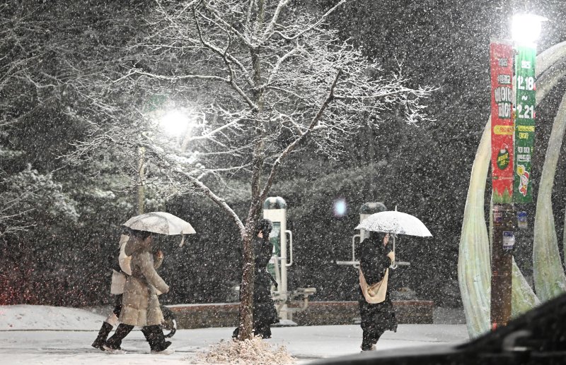 [수원=뉴시스] 김종택 기자 = 수도권 지역에 올해 첫 대설주의보가 발효된 4일 경기 수원시 영통구 망포동 거리에 눈이 내리고 있다. 2025.12.04. jtk@newsis.com