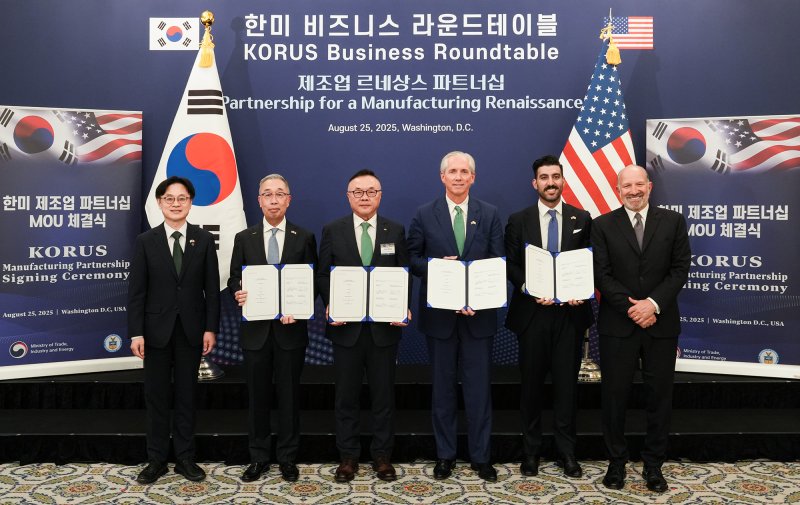 [서울=뉴시스]25일(현지시간) 미국 워싱턴 D.C.에서 '한미 비즈니스 라운드 테이블' 직후 진행된 소형모듈원전(SMR) 사업협력을 위한 양해각서(MOU) 체결식에서 참석자들이 기념촬영을 하고 있다. 왼쪽부터 김정관 산업통상자원부 장관, 박지원 두산에너빌리티 회장, 황주호 한수원 사장, 클레이 셀 엑스-에너지 CEO, 레이 포코우리 AWS 에너지정책 관리자, 하워드 러트닉 미국 상무부 장관. (사진=두산에너빌리티 제공) 2025.8.26. photo@newsis.com