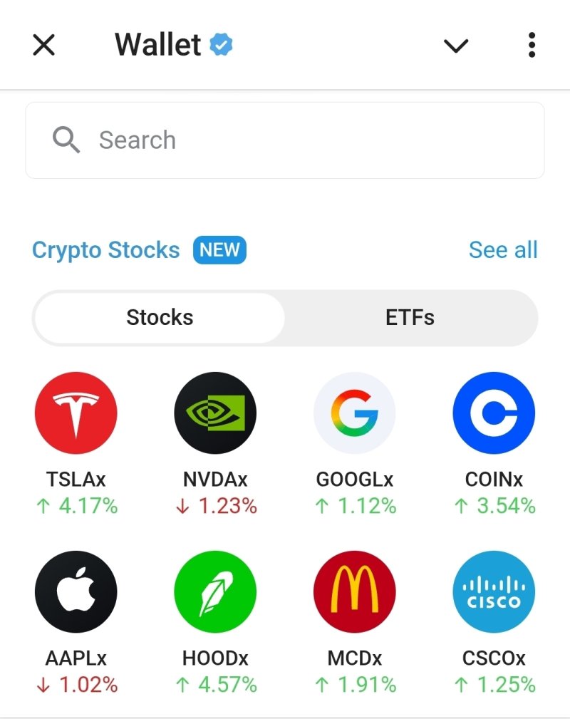 텔레그램 가상자산 지갑에서 미국 주식 거래를 지원하는 화면.