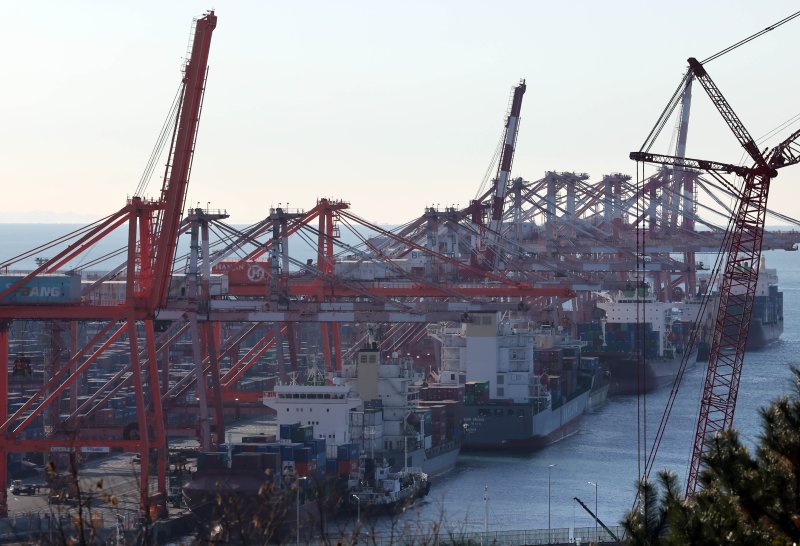 [부산=뉴시스] 하경민 기자 = 지난해 수출이 전년 대비 8.2% 증가한 6838억 달러(1006조4168억원)를 달성, 역대 기록(2022년 6836억 달러)을 2년 만에 갈아 치웠다. 1일 부산 남구 신선대부두에서 컨테이너 선적 및 하역작업이 진행되고 있다. 2025.01.01. yulnetphoto@newsis.com