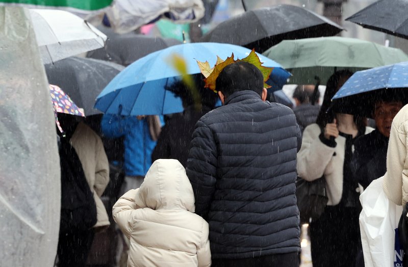 한 조손이 나뭇잎과 손으로 비를 막으며 발걸음을 옮기고 있다. 2025.11.27/뉴스1 ⓒ News1 이호윤 기자
