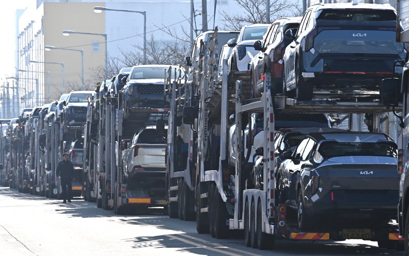 [평택=뉴시스] 김종택기자 = 이날 경기 평택항에 수출용 차량을 실은 카캐리어가 대기하고 있는 모습. 2025.12.01. jtk@newsis.com