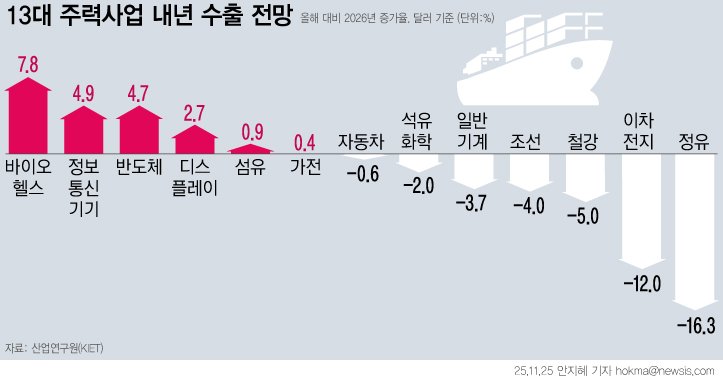 [서울=뉴시스] 산업연구원은 내년 13대 주력산업 수출이 전년 대비 0.6% 감소할 것으로 전망했다. 올해 역대급 반도체 수출 호실적이 기대되는 가운데, 내년엔 기저효과로 증가율이 4.7%에 그칠 것으로 평가했다 . 자동차 수출 역시 현지 생산 확대와 미국의 15% 관세 부과 영향으로 올해에 이어 내년에도 부진을 지속할 것으로 내다봤다. (그래픽=안지혜 기자) hokma@newsis.com