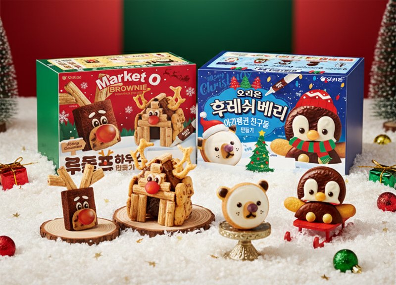 오리온 '브라우니 루돌프하우스 만들기', '후레쉬베리 아기펭귄친구들 만들기' 제품 이미지.(오리온 제공)