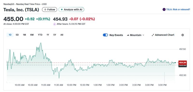 테슬라 일일 주가추이 - 야후 파이낸스 갈무리