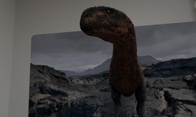 [서울=뉴시스]애플 비전 프로 M5에 기본 탑재된 '공룡과의 만남' 앱에서 가상현실 속 공룡이 방안으로 나오고 있는 모습. (사진=윤현성 기자)