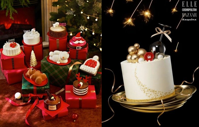 투썸플레이스의 크리스마스 시즌 한정 케이크(왼쪽)와 할리스의 홀리데이 샴페인 골드 케이크(SNS 갈무리)
