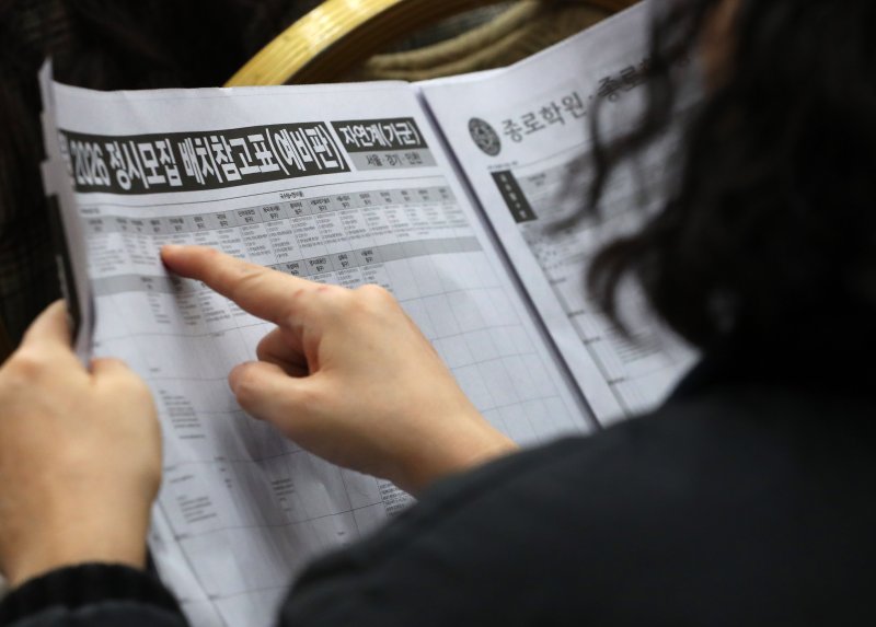 [서울=뉴시스] 김혜진 기자 =지난달 14일 서울 광진구 세종대 컨벤션센터에서 열린 종로학원 2026 정시 합격점수 예측 및 전략 설명회에서 학부모들이 입시자료를 살펴보는 모습. 2025.11.14. jini@newsis.com