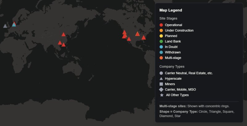 애플의 국제 데이터센터 설치(추정 포함) 현황을 표시한 지도. 한국에는 추정으로도 표시가 되지 않았다. (박스텔(BAXTEL) 갈무리)