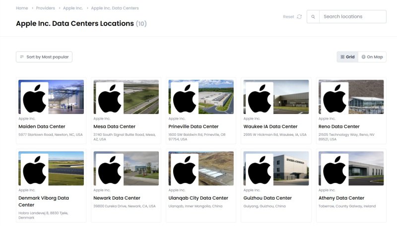 애플의 국제 데이터센터 설치 현황. 미국·중국·덴마크·아일랜드가 포함됐다. (데이터센터즈닷컴(Datacenters.Com) 갈무리)