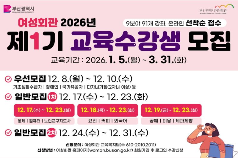 부산시여성회관의 ‘2026년도 제1기 교육’ 수강생 모집 포스터. 부산시 제공