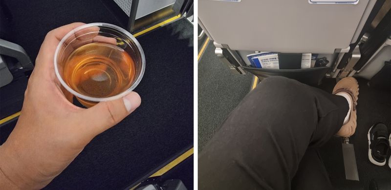 인천국제공항 제1여객터미널에서 지난 3일 탑승한 파라타항공 다낭행 항공기에서 시그니처 음료 '피치 온 보드'를 주문해 마시고 있다(왼쪽). 오르좌석은 177cm 성인이 다리를 꼬고 앉아도 넉넉한 컴포트(이코노미) 좌석 넓이(오른쪽). 사진=김동호 기자