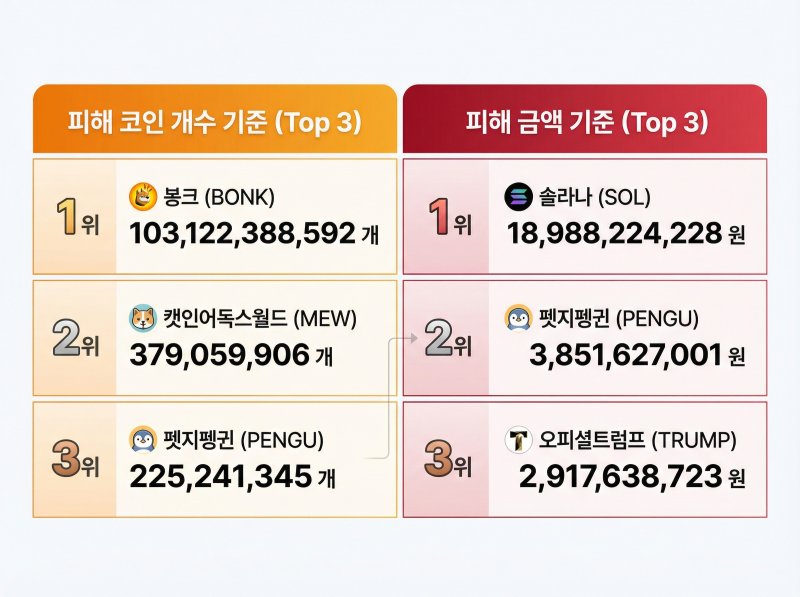 지난달 27일 발생한 업비트 비정상 출금 사고 가상자산별 피해 현황. 자료=금융감독원, 강민국 의원실