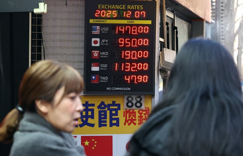 [서울=뉴시스] 최진석 기자 = 달러 강세가 이어지며 원·달러 환율의 상승이 어이지고 있는 7일 서울 명동 환전소에 원·달러 환전 시세가 보이고 있다. 2025.12.07. myjs@newsis.com