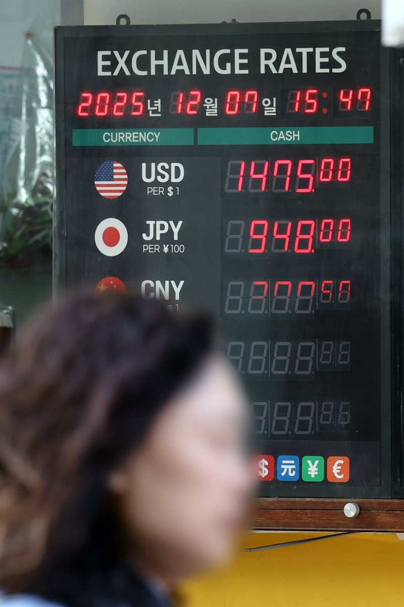 [서울=뉴시스] 최진석 기자 = 달러 강세가 이어지며 원·달러 환율의 상승이 어이지고 있는 7일 서울 명동 환전소에 원·달러 환전 시세가 보이고 있다. 2025.12.07. myjs@newsis.com