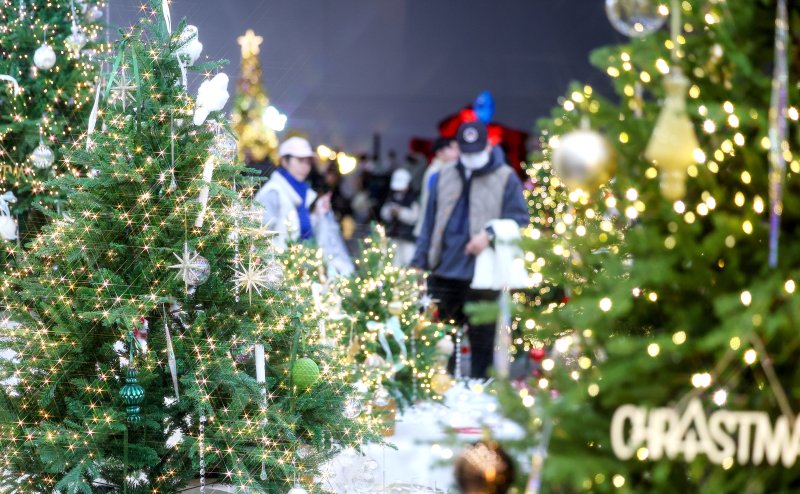 [대구=뉴시스] 이무열 기자 = 7일 대구 북구 엑스코에서 열린 ‘2025 대구 크리스마스 페어’를 찾은 시민들이 크리스마스트리와 장식 소품을 살펴보고 있다. 2025.12.07. lmy@newsis.com