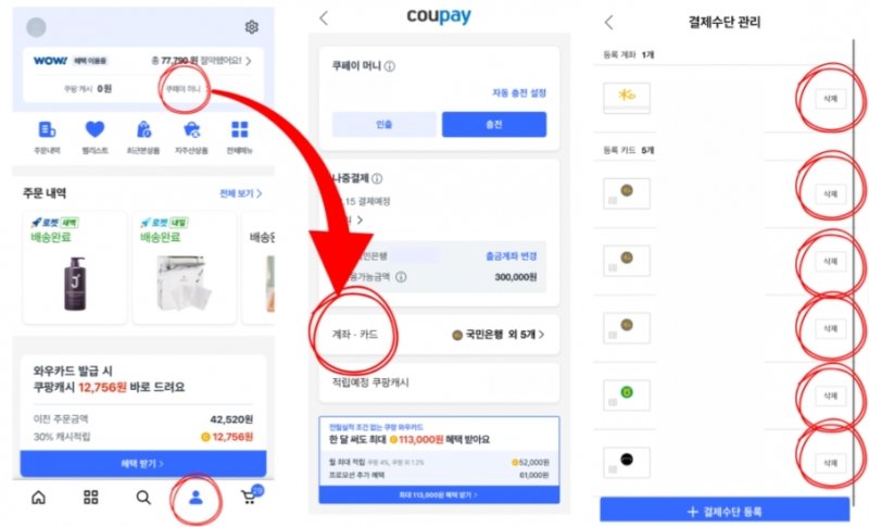 (쿠팡의 선불 전자 지급수단 '쿠페이' 및 등록 카드를 해지하는 방법을 안내하는 게시글(온라인 커뮤니티 캡처)