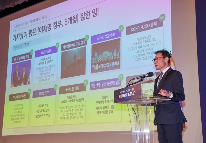 이규연 홍보소통수석이 7일 서울 용산 대통령실 청사에서 열린 '이재명 정부 출범 6개월 성과 간담회'에서 발언하고 있다. 2025.12.7/뉴스1 ⓒ News1 허경 기자