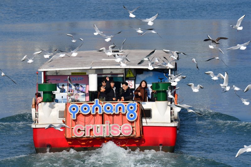 절기상 대설 (大雪)인 7일 경북 포항시 동빈내항에서 포항운하 크루즈선을 탄 관광객들이 갈매기들에게 새우맛 과자를 던져주고 있다. 2025.12.7/뉴스1 ⓒ News1 최창호 기자