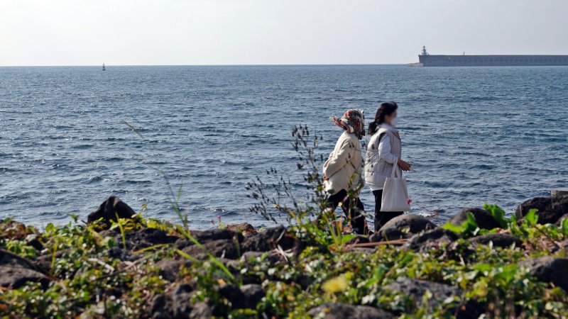 [제주=뉴시스] 오영재 기자 = 지난 7일 오전 제주 서귀포시 법환동 올레7코스에서 관광객들이 산책을 하고 있다. 2025.12.07. oyj4343@newsis.com