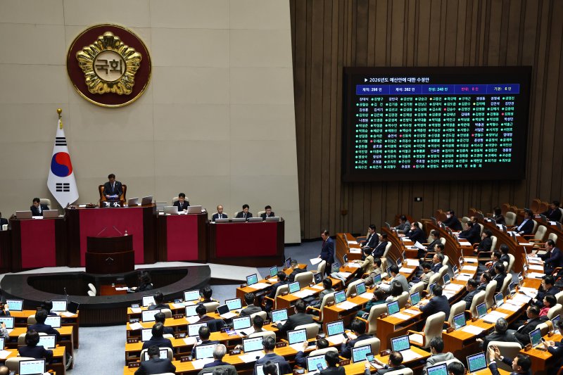 [서울=뉴시스] 김명년 기자 = 2일 오후 서울 여의도 국회에서 열린 본회의에서 2026년도 예산안이 통과되고 있다. 2025.12.02. kmn@newsis.com