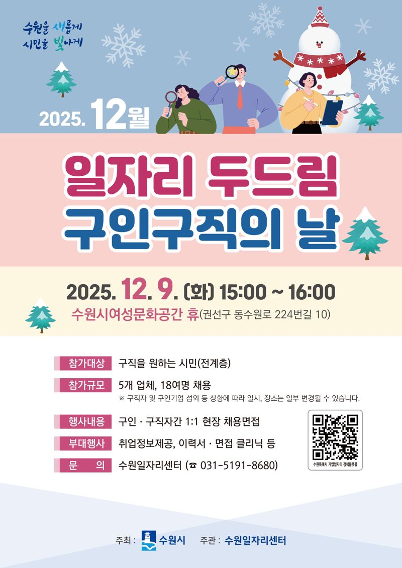 수원시, 9일 '일자리 두드림 구인·구직의 날' 개최…18명 채용