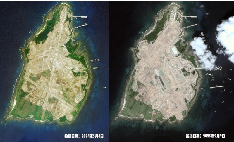 [서울=뉴시스] 중국 관영 글로벌 타임스(GT)가 7일 군사화가 가속화하고 있다며 보도한 일본 마게시마섬의 지난해 5월(왼쪽)과 올해 9월 위성사진. 오른쪽 우상단의 하얀색 부분이 새로 군사 시설이 들어선 곳이다. (출처: 글로벌타임스) 2025.12.08. *재판매 및 DB 금지