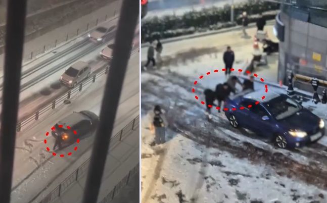 지난주 폭설에 멈춰 선 차량을 밀어준 사람들의 사연이 온라인에 올라왔다. 왼쪽은 배달기사, 오른쪽은 청년 4명이 각자 눈길 오르막길에서 차량들의 뒤를 밀어주는 모습. /사진=온라인 커뮤니티 캡