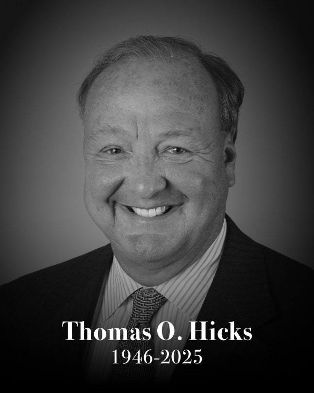 톰 힉스 구단주가 향년 79세로 별세했다. (텍사스 레인저스 SNS 캡처)