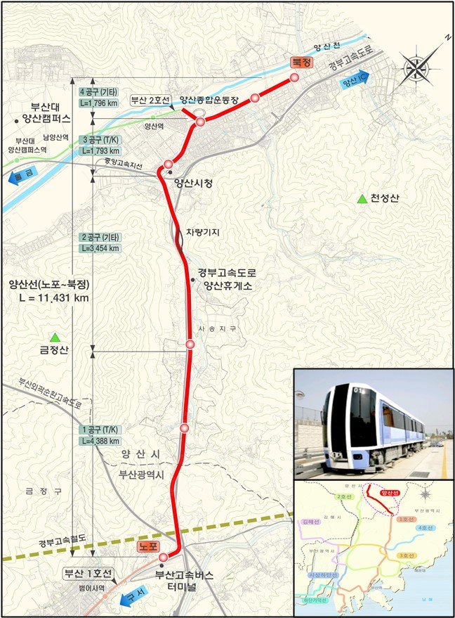 [양산=뉴시스]부산도시철도 1호선 노포역과 양산 북정동을 잇는 양산도시철도 노선도.(자료=경남도 제공)