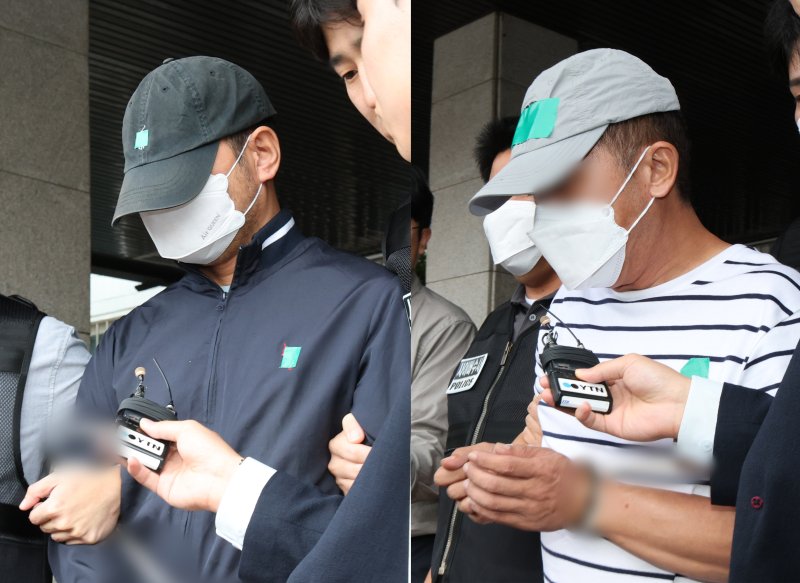 'KT무단결제 사건' 피의자들이 25일 경기 수원시 영통구 수원영통경찰서에서 나와 검찰로 구속 송치되고 있다.2025.9.25/뉴스1 ⓒ News1 김영운 기자