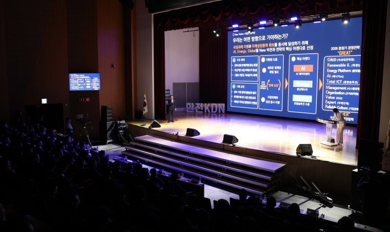 [세종=뉴시스]한전KDN은 8일 광주전남공동혁신도시 소재 본사 빛가람홀에서 '새로운 10년, 한전KDN 2035 New 비전선포식'을 열고 미래 10년 청사진 위한 새로운 경영전략을 제시했다.(사진=한전KDN 제공)