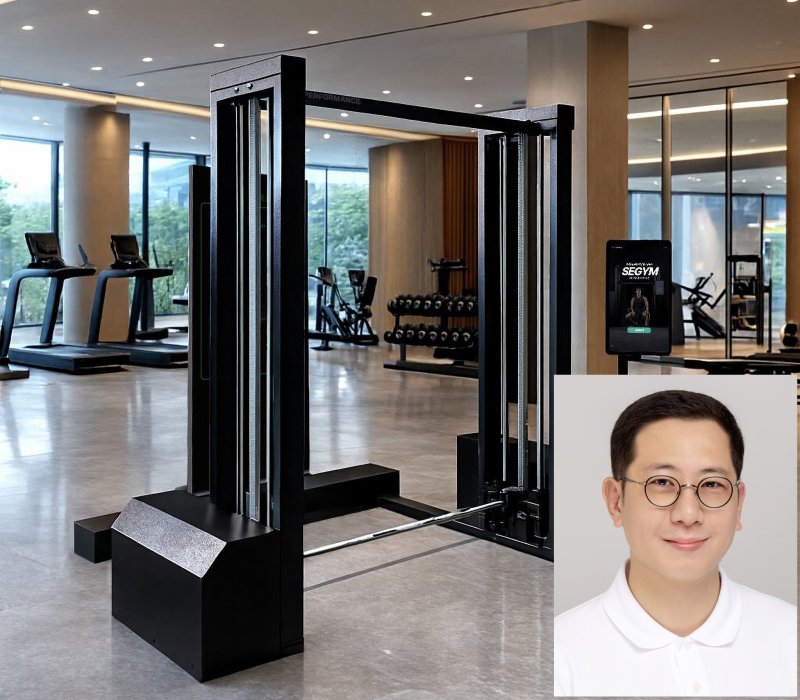 CES 혁신상을 받은 최첨단 AI 피트니스 로봇 '세짐(SEGYM)'과 로봇을 개발한 최정수 교수. (영남대 제공. 재판매 및 DB금지)