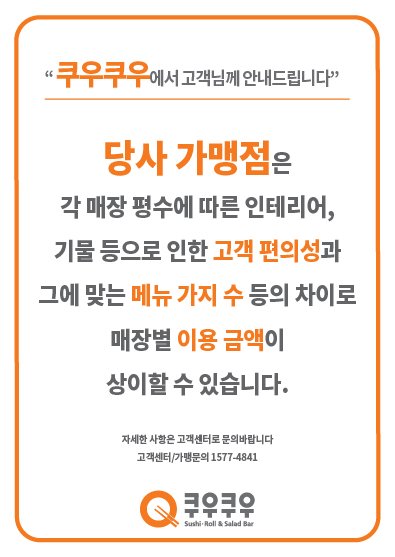 [서울=뉴시스] 쿠우쿠우는 "각 매장 평수에 따른 인테리어, 기물 등으로 인한 고객 편의성과 그에 맞는 메뉴 가지 수 등 차이로 매장별 이용 금액이 상이할 수 있다"고 안내하고 있다. (사진=쿠우쿠우 누리집 갈무리) 2025.12.08. photo@newsis.com *재판매 및 DB 금지