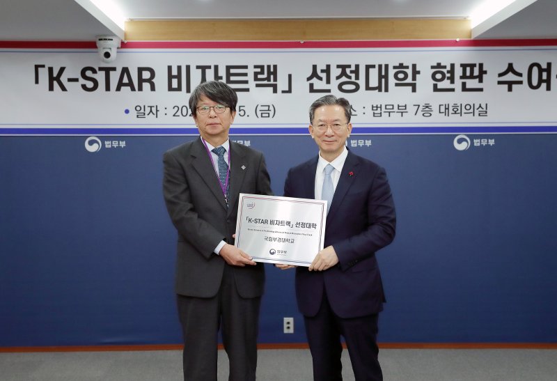 지난 5일 개최된 'K-STAR 비자트랙 참여대학 지정증 수여식'에서 박원용 학무부총장(왼쪽)이 정성호 법무부 장관으로부터 현판을 받고 있다. 국립부경대학교 제공