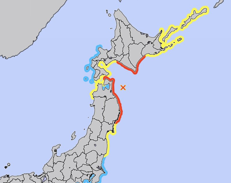 8일 오후 11시 15분쯤 일본 동북부 아오모리현 근해에서 규모 7.6의 지진이 발생해 이와태현과 아오모리현 각지에 쓰나미 주의보가 발령됐다. 지도에서 노란색으로 표시된 지역이 쓰나미 주의보, 빨간색으로 표시된 지역이 쓰나미 경보 발령 지역. (사진=일본 기상청 갈무리)