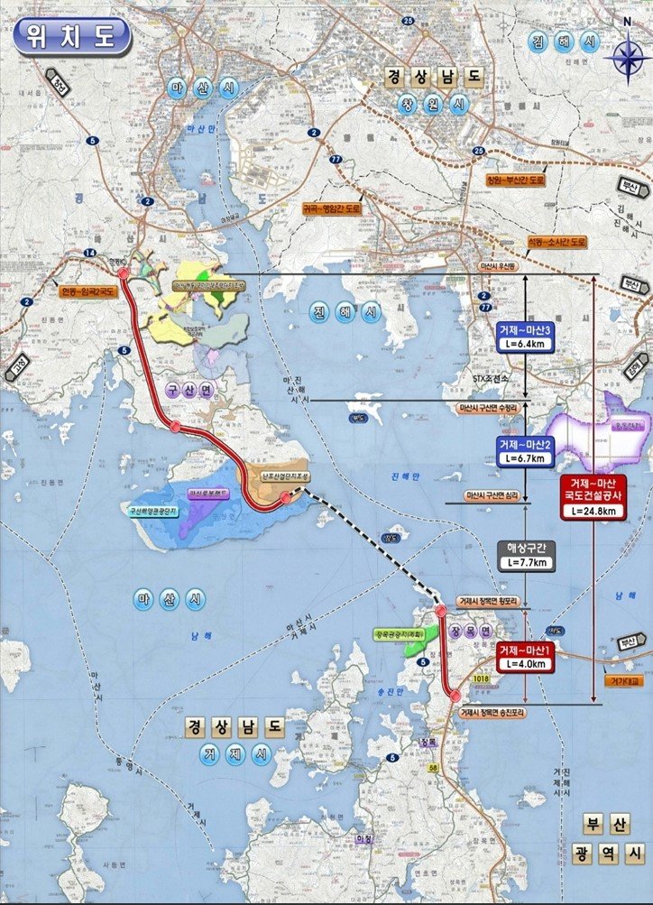 [거제=뉴시스] 신정철 기자= 경남 거제시가 주요 국도 건설을 위한 국비 9억 원을 확보하며 국가간선도로망 구축에 속도를 내고 있다고 8일 밝혔다.사진은 국비 5억원을 확보해 창원 구간 개통 이후 5년 만에 사업 추진이 본격화되는 국도 5호선 위치도.(사진=거제시 제공).2025.12.08. photo@newsis.com *재판매 및 DB 금지