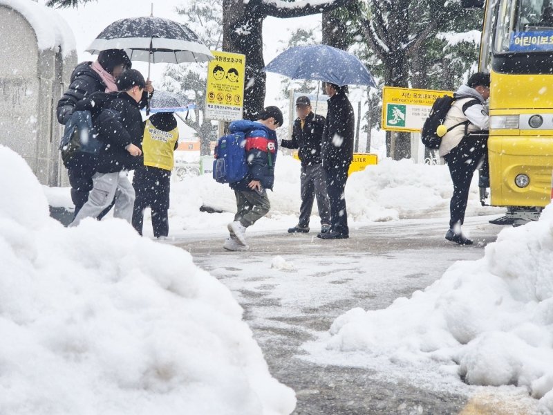 초등학교 개학 직후인 지난 3월 강원 강릉에 쏟아진 폭설. 성산초등학교 학생들이 눈폭탄 속 하교하는 모습.(뉴스1 DB) ⓒ News1 윤왕근 기자