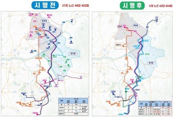 전북 전주 시내버스 완주 방면 지간선제 도입 전후 노선도. 전주시 제공
